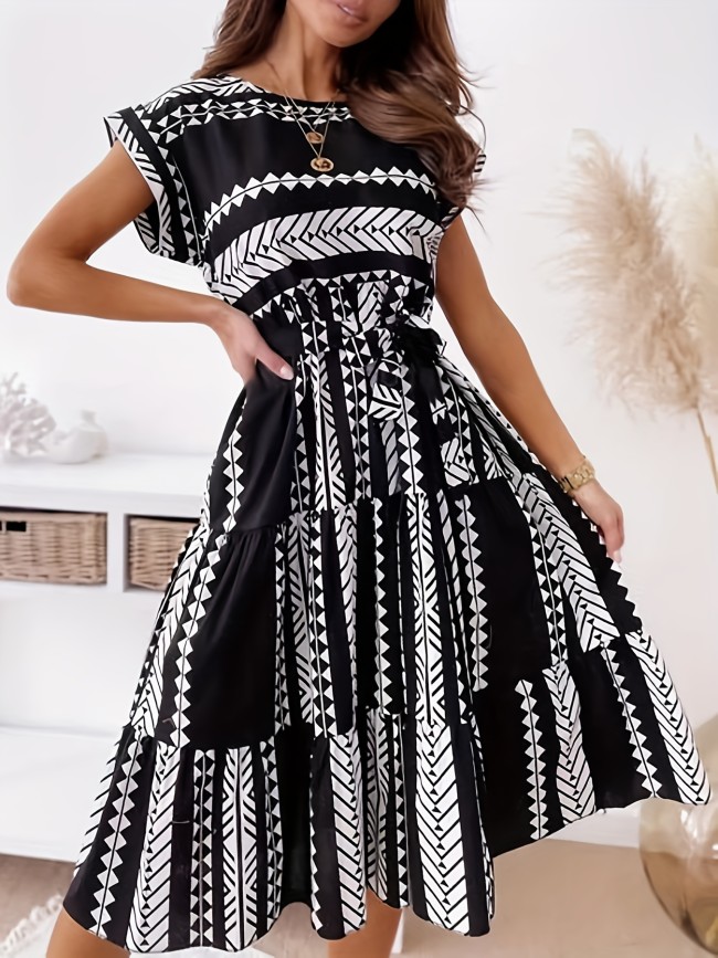 Vibrant Ethnic Print Cap Sleeve Midi Dress - Comfy Crew Neck, Flowy Silhouette, Perfect Vacation Wear for Women - Easy Care, Travel-Friendly Clothing