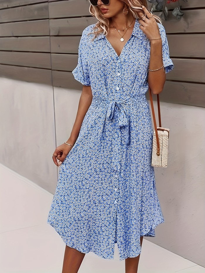 Plus Size Bohemian Print Lapel Neck Dress, Casual Short Sleeve Button Front Belt Dress For Spring & Summer, Women's Plus Size Clothing