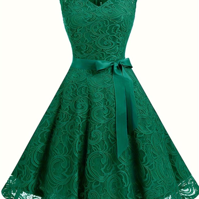 V Neck Tie-waist Lace Dress, Elegant Sleeveless Flared Swing Bridesmaid Dress, Women's Clothing