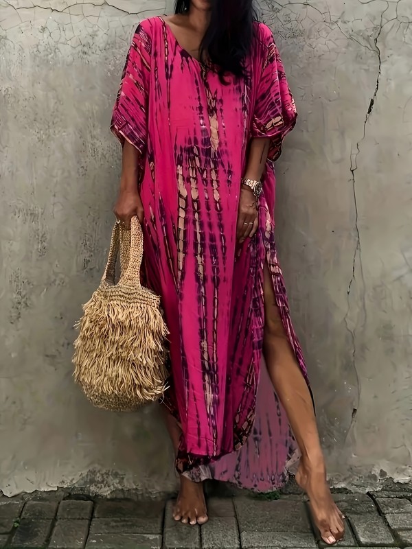Women's Plus Boho Lounge Dress, Plus Size Tie Dye Striped Batwing Sleeve V Neck Oversized Kaftan Sleep Dress