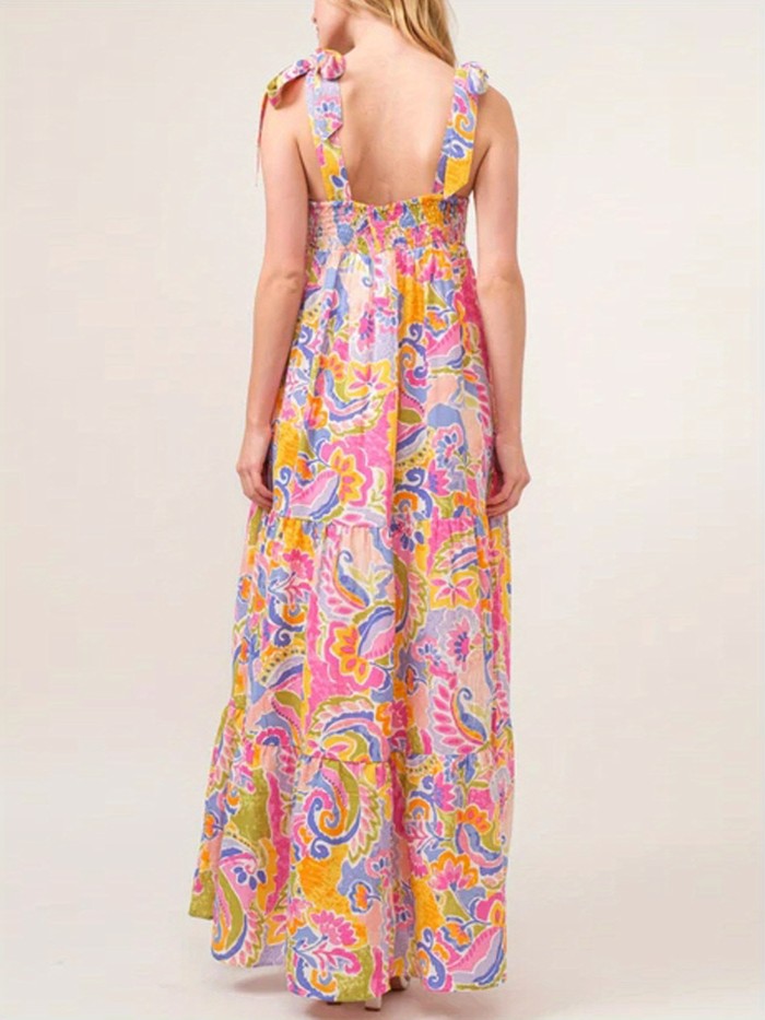 Allover Print Tie Shoulder Loose Maxi Dress, Vacation Sleeveless Cami Dress For Spring & Summer, Women's Clothing