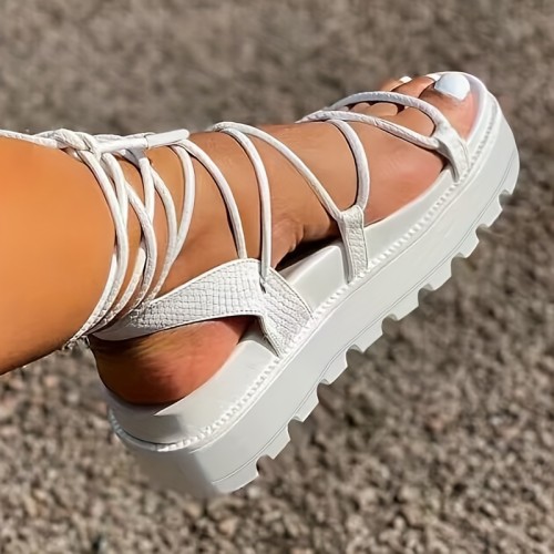 Women's Solid Color Platform Sandals, Comfy Round Open Toe Lace Up Shoes, Women's Fashion Shoes