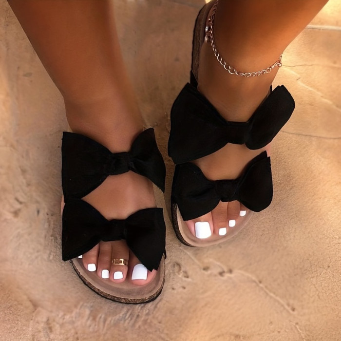 Women's Bow Tie Decor Slippers, Open Toe Round Toe Platform Slides, Women's Fashion Flat Shoes