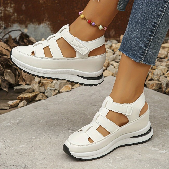 Womens Soft Sole Platform Sandals, Round Toe Comfortable Casual Walking Shoes, Hollow Wedge Breathable Sandals