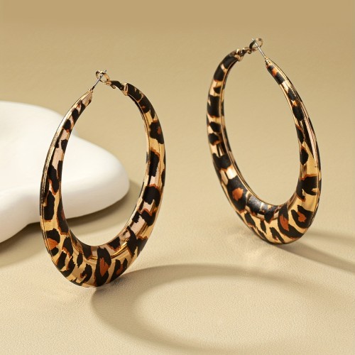 Chunky Hoop Earrings With Leopard Pattern Retro Bohemian Style Alloy Jewelry Daily Casual