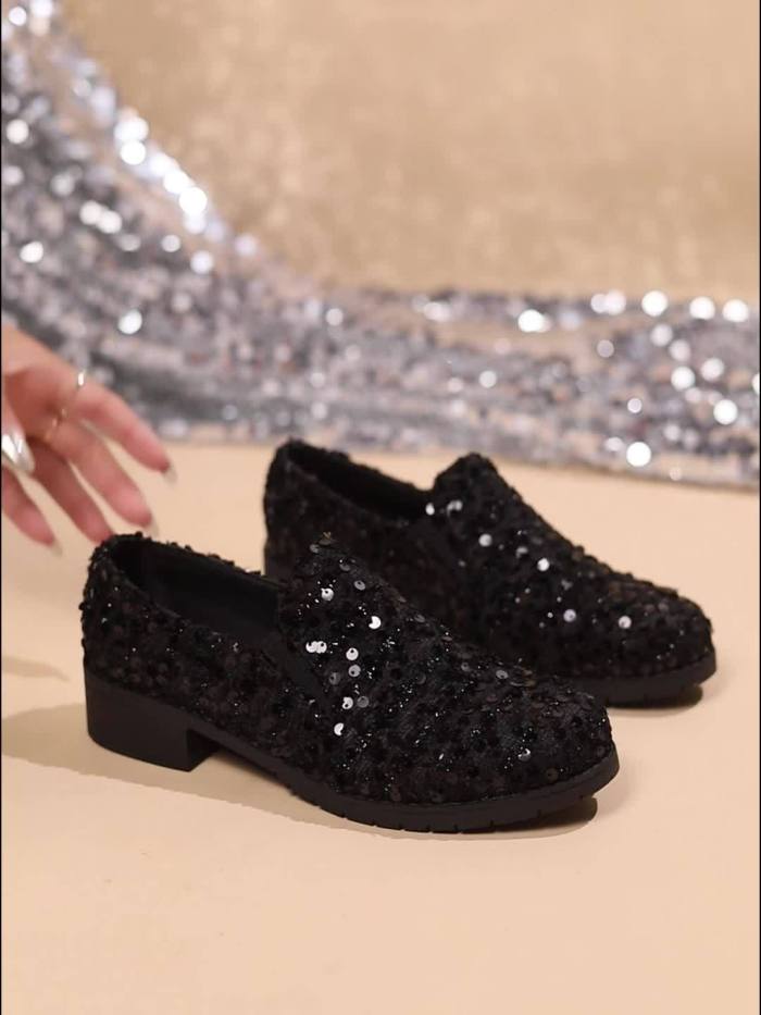 Glittering Sequins Loafers for Women - Chunky Heel, Preppy Chic, Slip-On Dress Shoes with Unmatched Comfort