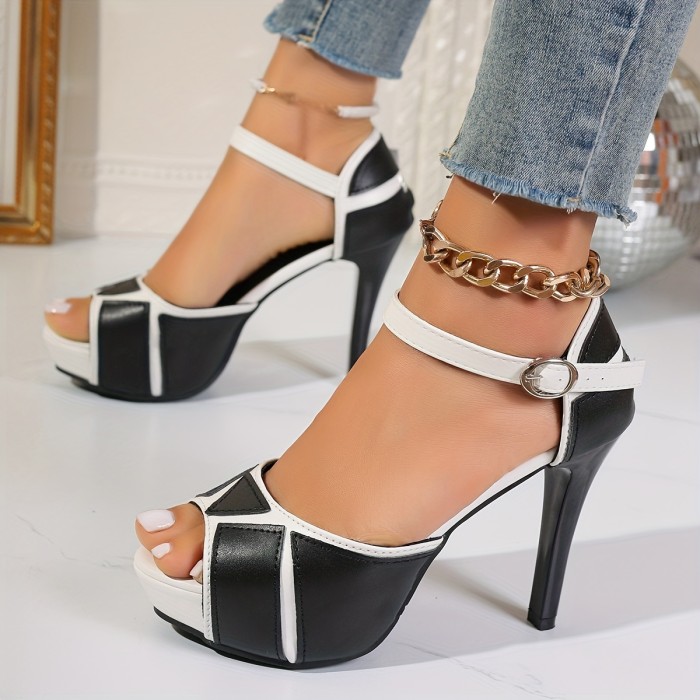 Ultrahigh Heel Stiletto Sandals - Elegant Colorblock Design, Hook and Loop Closure, Peep Toe, Microfiber Synthetic Leather Upper, Rubber Sole, Comfortable Open Toe Shoes for Women