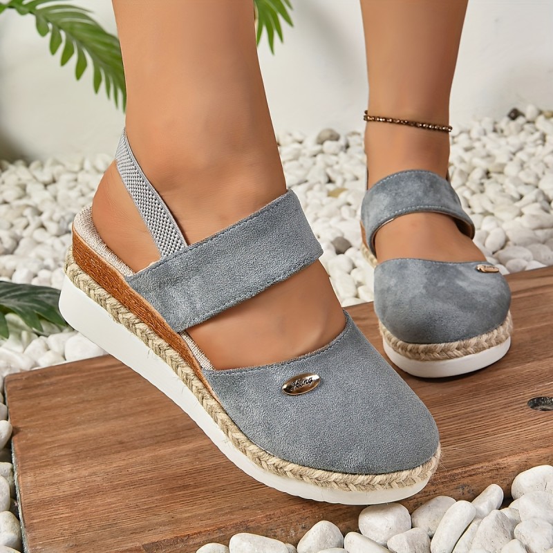 Comfortable Round Toe Wedge Sandals - Elastic Bungee Closure, Platform Heel, Breathable Fabric Upper, Soft Fabric Insole, and Durable Polyurethane Outsole - Perfect for Beach, Walking, and Casual Occasions