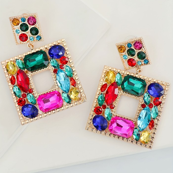 Vibrant Square Rhinestone Chandelier Earrings - Sparkling Bohemian Luxury for Festive Parties - Lightweight & Glamorous Ear Ornaments