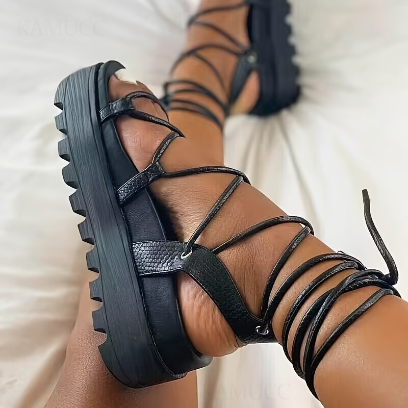 Women's Solid Color Platform Sandals, Comfy Round Open Toe Lace Up Shoes, Women's Fashion Shoes