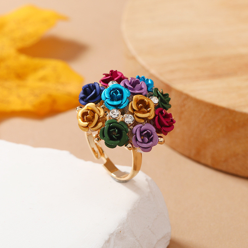 Elegant Colorful Rose Flower Wedding Ring Niche Design Zinc Alloy Finger Ring Inlaid Shiny Rhinestone