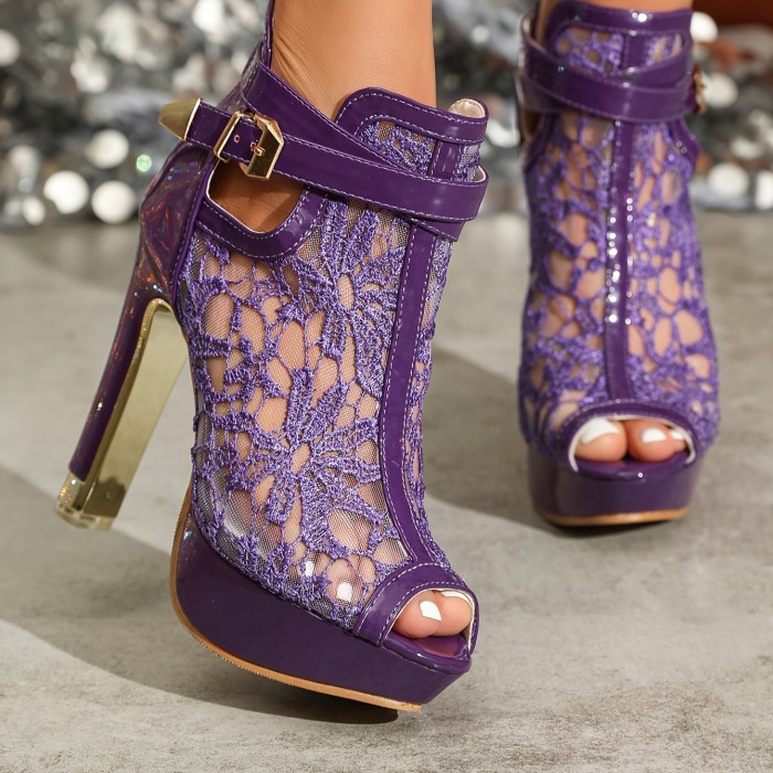 Women's Solid Color Block Heeled Sandals, Fashion Peep Toe Dress Pumps, Breathable Mesh Buckle Strap Heels