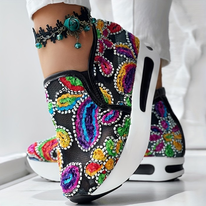 Colorful Flower Embroidered Wedge Sneakers, Women's Slip On Platform Mesh Shoes, Breathable Daily Footwear