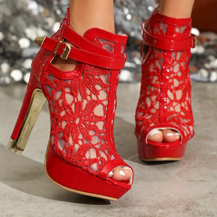 Women's Solid Color Block Heeled Sandals, Fashion Peep Toe Dress Pumps, Breathable Mesh Buckle Strap Heels