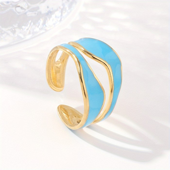 1pc Exquisite White\u002FDark Blue\u002FEmerald Green\u002FSteel White Enamel Creative Ring Jewelry Golden Plated Stainless Steel Irregular Opening Adjustable Ring For Men