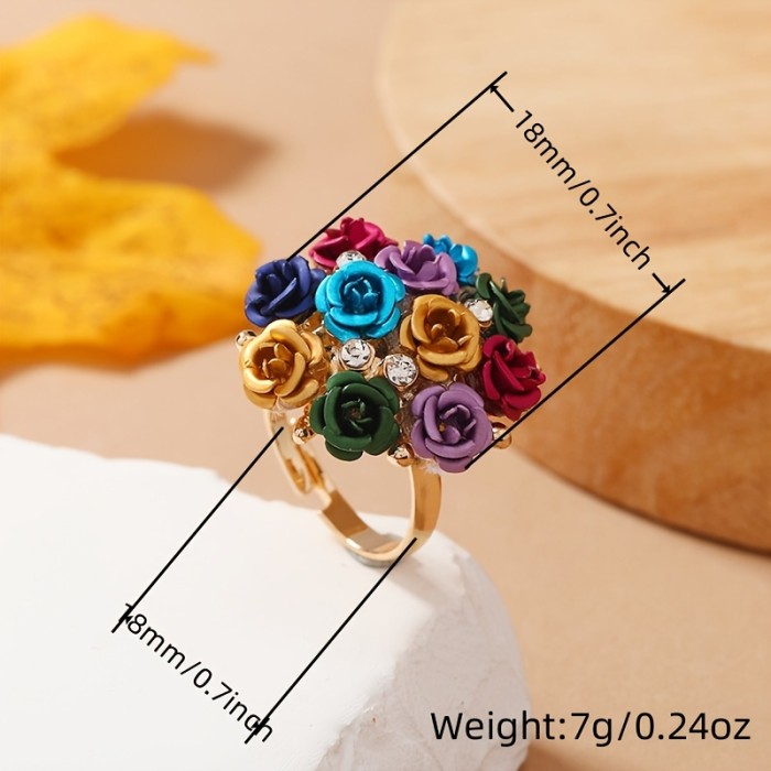 Elegant Colorful Rose Flower Wedding Ring Niche Design Zinc Alloy Finger Ring Inlaid Shiny Rhinestone