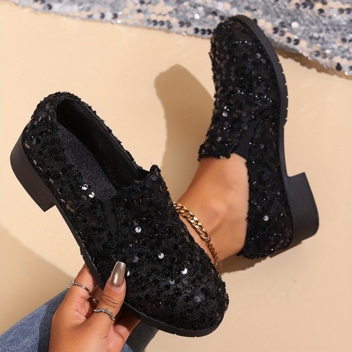 Glittering Sequins Loafers for Women - Chunky Heel, Preppy Chic, Slip-On Dress Shoes with Unmatched Comfort