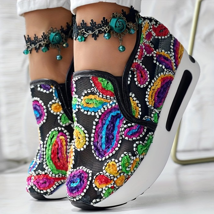 Colorful Flower Embroidered Wedge Sneakers, Women's Slip On Platform Mesh Shoes, Breathable Daily Footwear