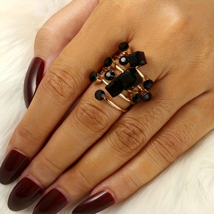 Fashion Temperament Design Art Sense Atmosphere Personality Creative Hand Jewelry Geometric Square Rhinestones-Encrusted Black Tie Elegant Special Unique Female Single Ring