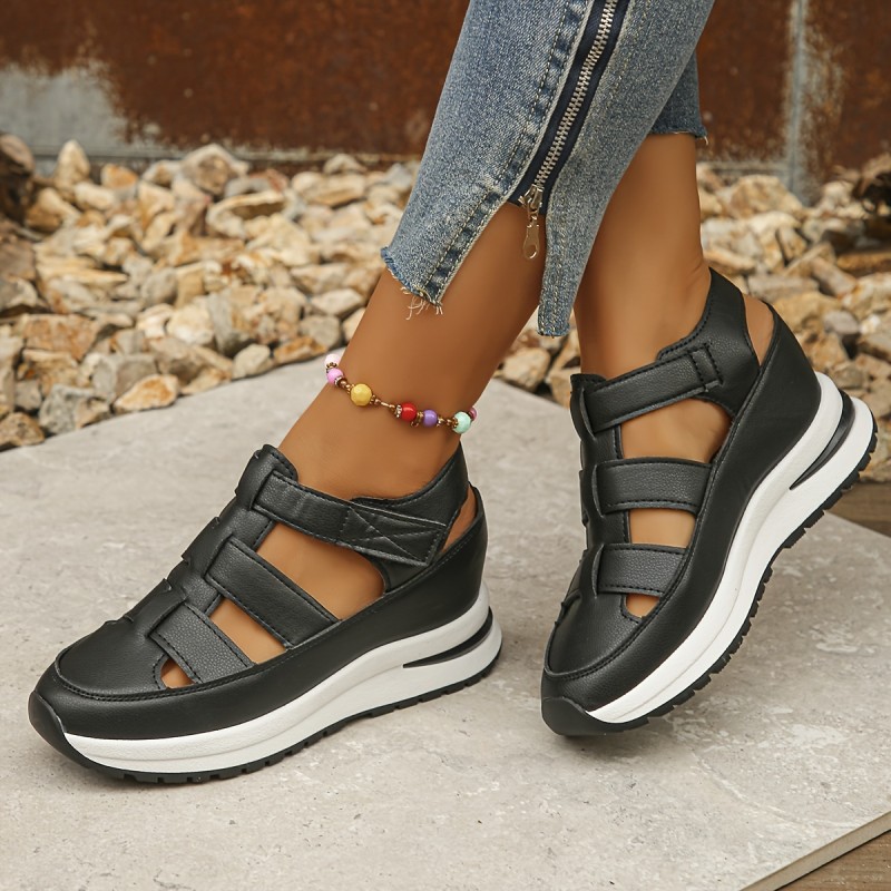 Womens Soft Sole Platform Sandals, Round Toe Comfortable Casual Walking Shoes, Hollow Wedge Breathable Sandals