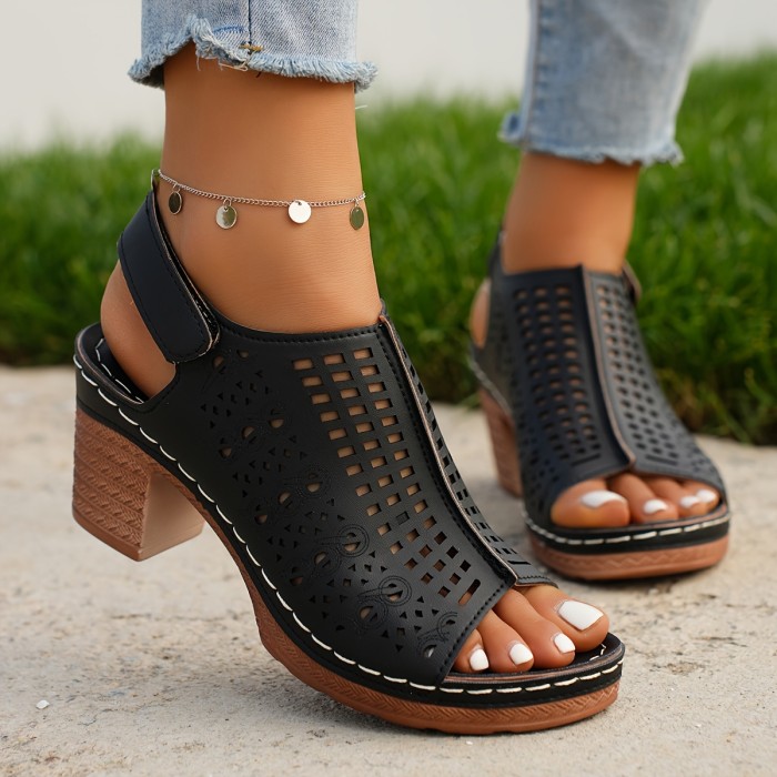 Elegant High Heel Sandals for Women - Chic Hollow Out Design, Peep Toe, Chunky Heels, Comfortable Summer Outdoor Shoes with Breathable Insoles and Adjustable Ankle Straps - Perfect for Casual Daily Wear, Date Nights, and Outdoor Activities