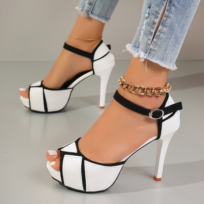 Ultrahigh Heel Stiletto Sandals - Elegant Colorblock Design, Hook and Loop Closure, Peep Toe, Microfiber Synthetic Leather Upper, Rubber Sole, Comfortable Open Toe Shoes for Women