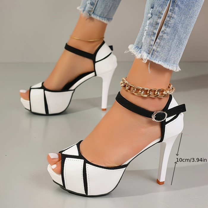Ultrahigh Heel Stiletto Sandals - Elegant Colorblock Design, Hook and Loop Closure, Peep Toe, Microfiber Synthetic Leather Upper, Rubber Sole, Comfortable Open Toe Shoes for Women