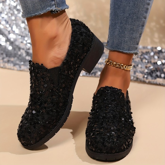 Glittering Sequins Loafers for Women - Chunky Heel, Preppy Chic, Slip-On Dress Shoes with Unmatched Comfort