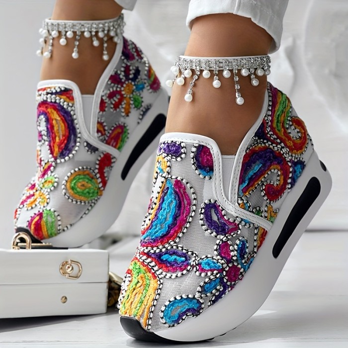 Colorful Flower Embroidered Wedge Sneakers, Women's Slip On Platform Mesh Shoes, Breathable Daily Footwear