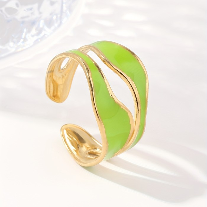 1pc Exquisite White\u002FDark Blue\u002FEmerald Green\u002FSteel White Enamel Creative Ring Jewelry Golden Plated Stainless Steel Irregular Opening Adjustable Ring For Men