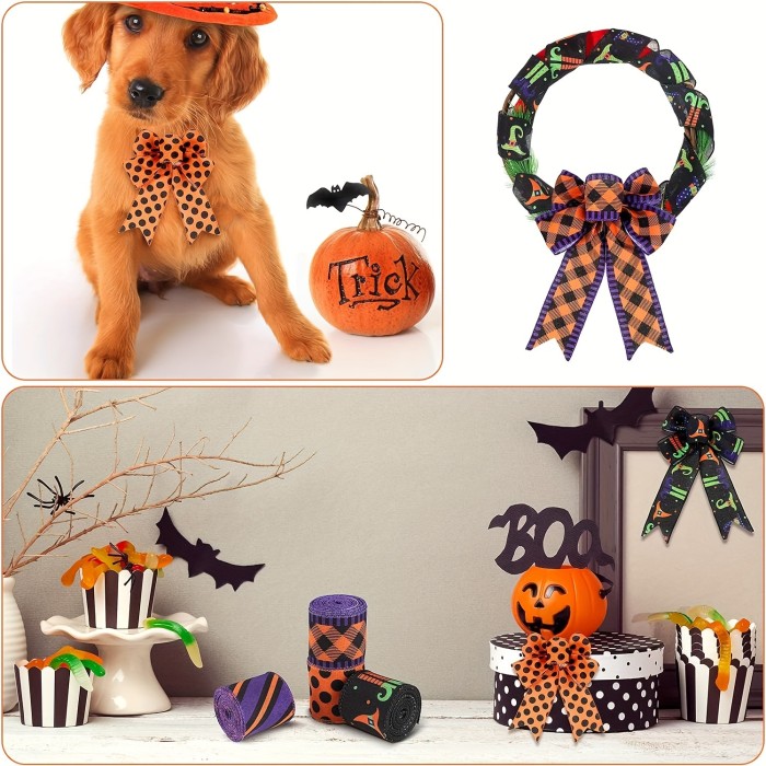 4 Rolls, 20 Yard Halloween Wired Edge Ribbon Witch Leg Hat Wired Edge Ribbon Striped Checkered Polka Dot Ribbon For Halloween Party Decorations, Gift Wrapping, Sewing, Bow Crafts