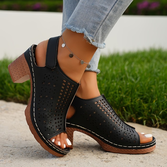 Elegant High Heel Sandals for Women - Chic Hollow Out Design, Peep Toe, Chunky Heels, Comfortable Summer Outdoor Shoes with Breathable Insoles and Adjustable Ankle Straps - Perfect for Casual Daily Wear, Date Nights, and Outdoor Activities