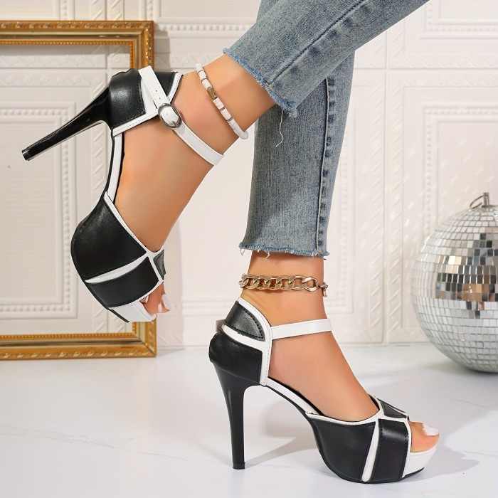 Ultrahigh Heel Stiletto Sandals - Elegant Colorblock Design, Hook and Loop Closure, Peep Toe, Microfiber Synthetic Leather Upper, Rubber Sole, Comfortable Open Toe Shoes for Women