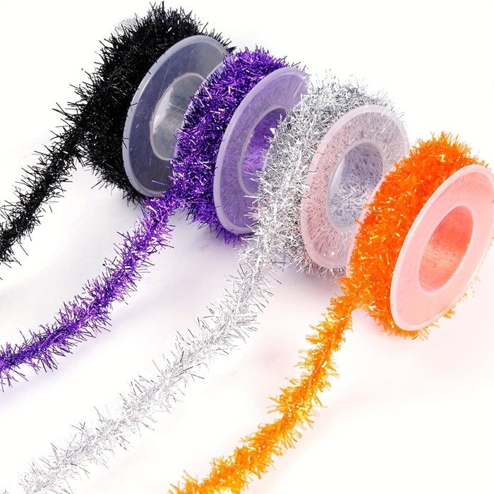 1 Rolls, Halloween Tinsel Ribbon Metallic Garland Tinsel Garland Halloween Metallic Tinsel Ribbon Glitter Tinsel Ribbon Party Decor Supplies