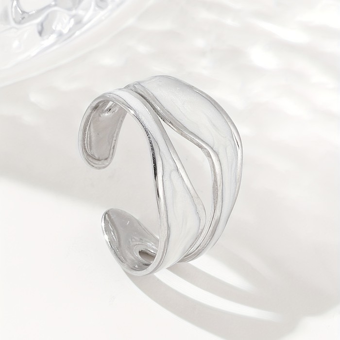 1pc Exquisite White\u002FDark Blue\u002FEmerald Green\u002FSteel White Enamel Creative Ring Jewelry Golden Plated Stainless Steel Irregular Opening Adjustable Ring For Men