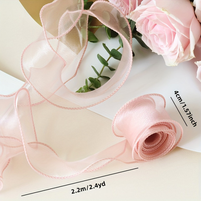 1 Roll, Sheer Wired Organza Ribbon Floral Ribbon For Gift Wrapping, Bouquet Wrapping, Decoration, Chiffon Ribbon With Golden Edge For Gift Wrapping, DIY Crafts Bouquet, Ribbons For Bouquets, Craft Supplies, Fabric, Handmade Wedding Bouquets Material