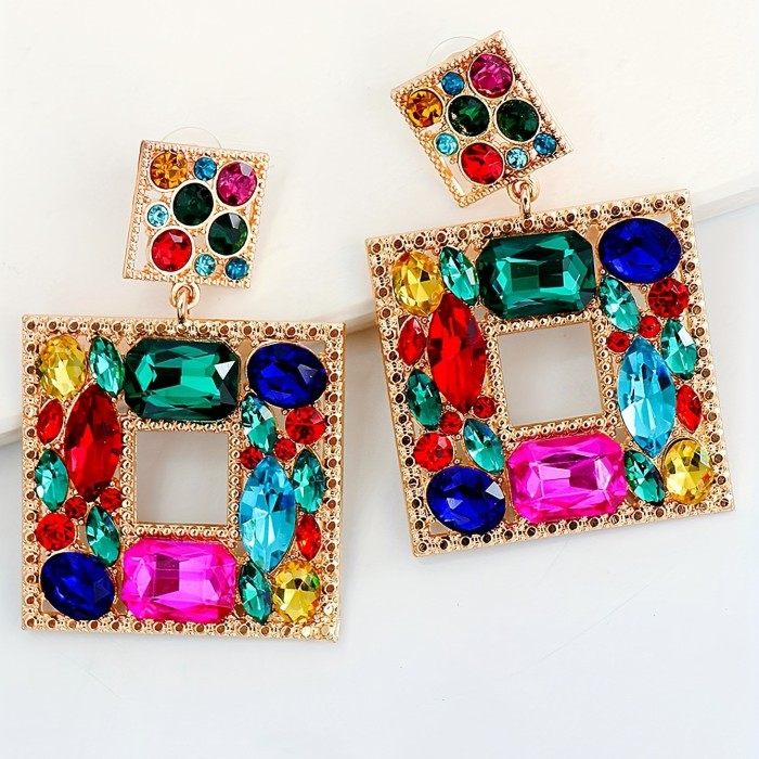 Vibrant Square Rhinestone Chandelier Earrings - Sparkling Bohemian Luxury for Festive Parties - Lightweight & Glamorous Ear Ornaments