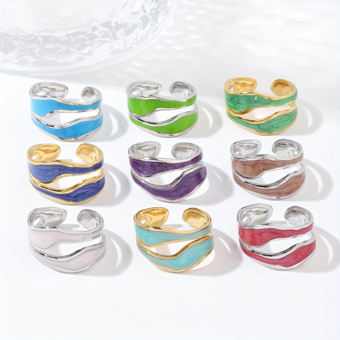 1pc Exquisite White\u002FDark Blue\u002FEmerald Green\u002FSteel White Enamel Creative Ring Jewelry Golden Plated Stainless Steel Irregular Opening Adjustable Ring For Men