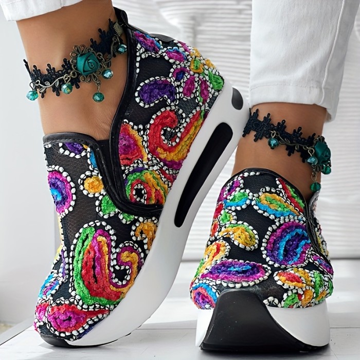 Colorful Flower Embroidered Wedge Sneakers, Women's Slip On Platform Mesh Shoes, Breathable Daily Footwear