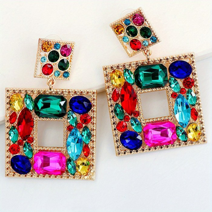 Vibrant Square Rhinestone Chandelier Earrings - Sparkling Bohemian Luxury for Festive Parties - Lightweight & Glamorous Ear Ornaments