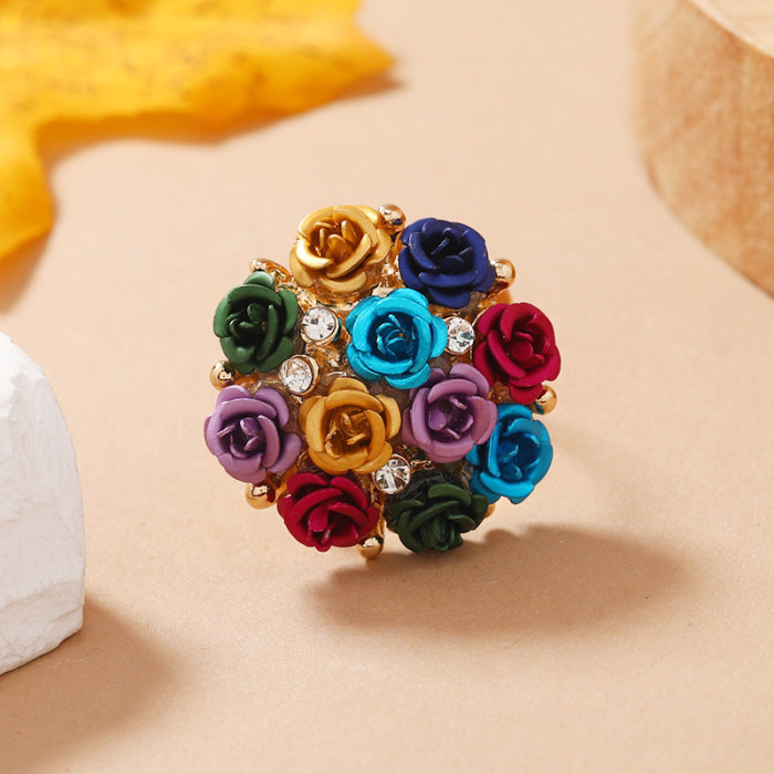 Elegant Colorful Rose Flower Wedding Ring Niche Design Zinc Alloy Finger Ring Inlaid Shiny Rhinestone