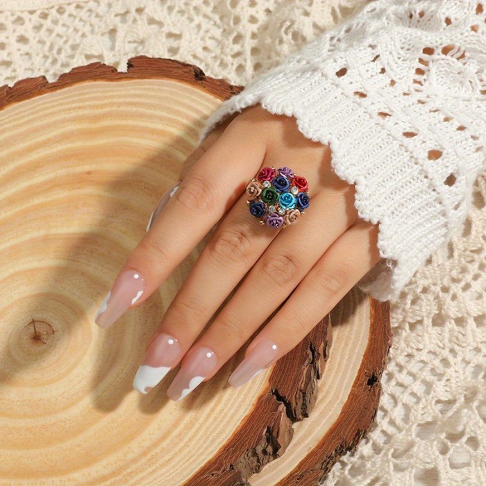 Elegant Colorful Rose Flower Wedding Ring Niche Design Zinc Alloy Finger Ring Inlaid Shiny Rhinestone