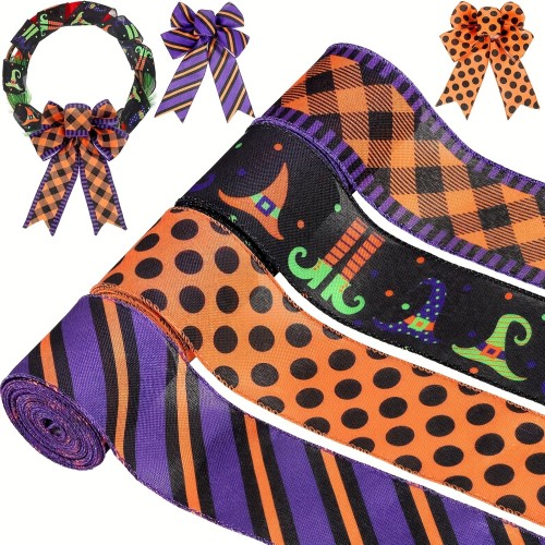 4 Rolls, 20 Yard Halloween Wired Edge Ribbon Witch Leg Hat Wired Edge Ribbon Striped Checkered Polka Dot Ribbon For Halloween Party Decorations, Gift Wrapping, Sewing, Bow Crafts