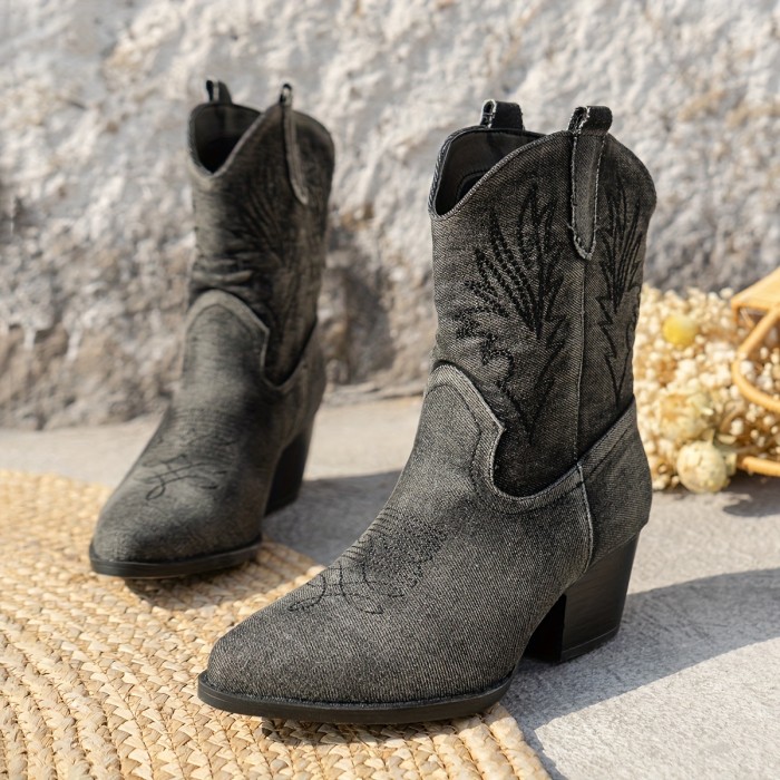 Chunky Heel Pointed Toe Boots for Women - Comfortable, Fashionable, Solid Color, Cowboy-Inspired, High-Quality Leather, Easy Slip-On Design, Perfect for Daily Wear, Party, or Work - Comfortable Boots for Womens Fashion