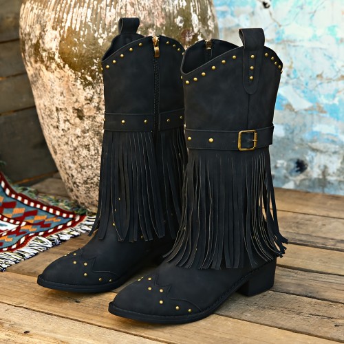 Women's Tassel Decor Chunky Heel Boots, Fashion Metal Beads Decor Side Zipper Boots, Women's Comfortable Boots