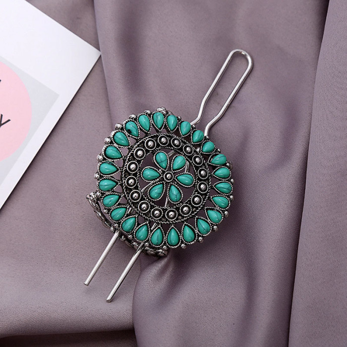 1pc Turquoise Hairpin Silvery Alloy U-shaped Hairpin Vintage Western Style Hair Pin Hair Accessories For Women