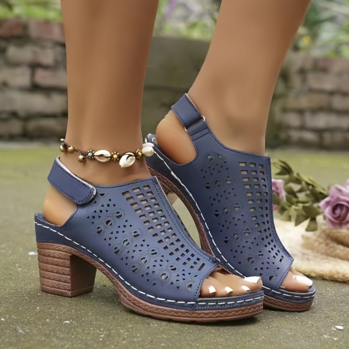 Elegant High Heel Sandals for Women - Chic Hollow Out Design, Peep Toe, Chunky Heels, Comfortable Summer Outdoor Shoes with Breathable Insoles and Adjustable Ankle Straps - Perfect for Casual Daily Wear, Date Nights, and Outdoor Activities