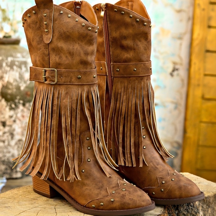 Women's Tassel Decor Chunky Heel Boots, Fashion Metal Beads Decor Side Zipper Boots, Women's Comfortable Boots