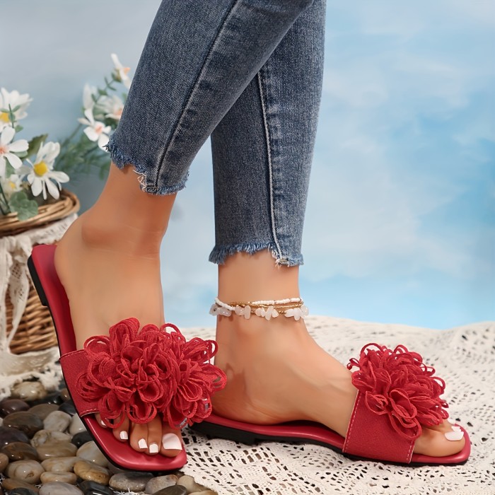 Flat Heel Womens Elegant Square Open Toe Slide Sandals - Soft Microfiber Synthetic Leather Upper, Slip-on Design, TPR Sole, Perfect for Summer Travel and Beach - Fashion Solid Color Fabric Shoes