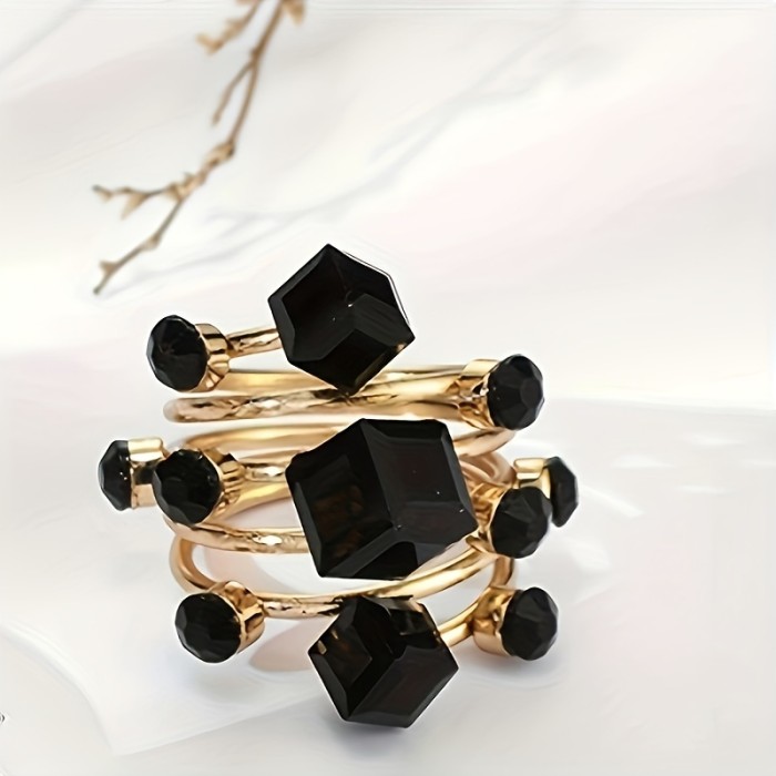 Fashion Temperament Design Art Sense Atmosphere Personality Creative Hand Jewelry Geometric Square Rhinestones-Encrusted Black Tie Elegant Special Unique Female Single Ring